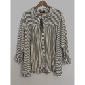 NWT Jane+Delancey White Brown Striped Gauzy Button Up Blouse 3X Roll-Tab Sleeve
